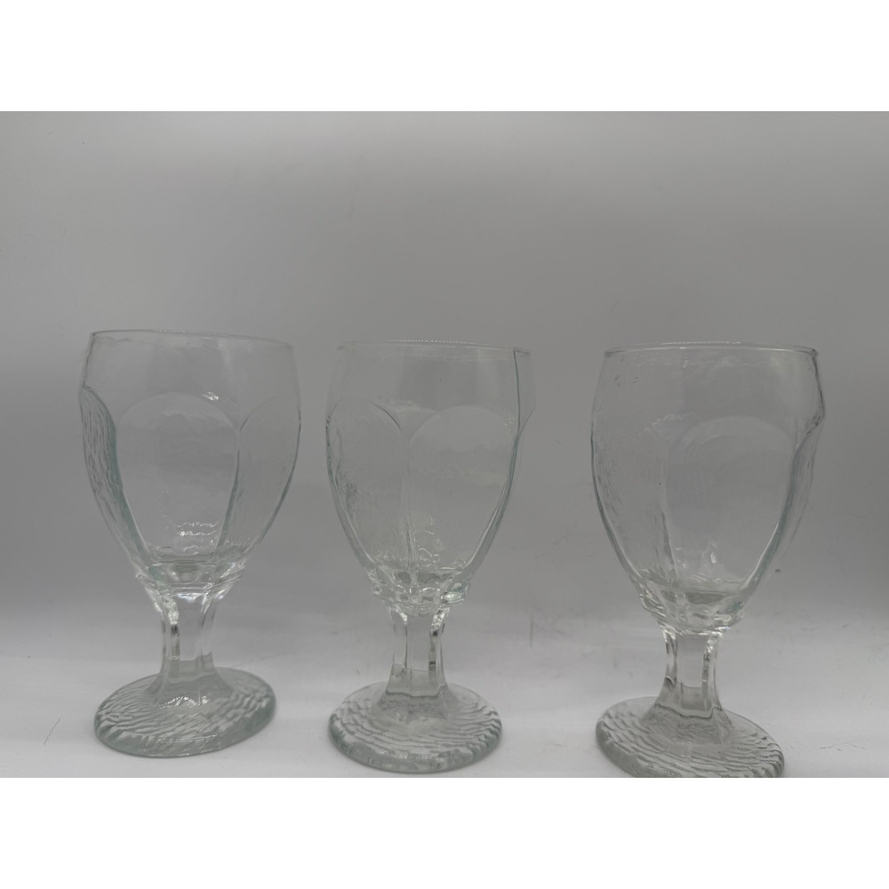 Vintage Clear Textured Glass Goblets Set of 3 Bark Base Paneled Water Wine 6.25"
